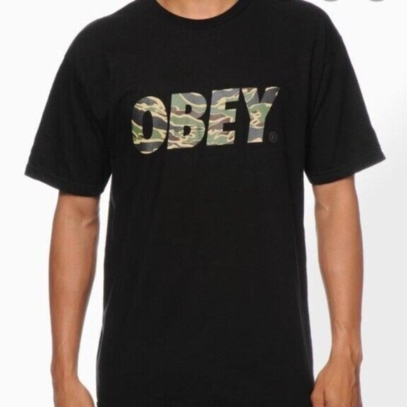 OBEY (Size M) Camo Label Name Black T-Shirt - Picture 6 of 6